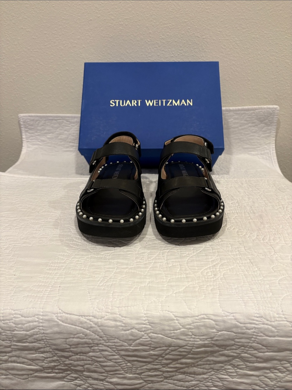 Stuart Weitzman Black Pearl-Embellished Platform Sandals